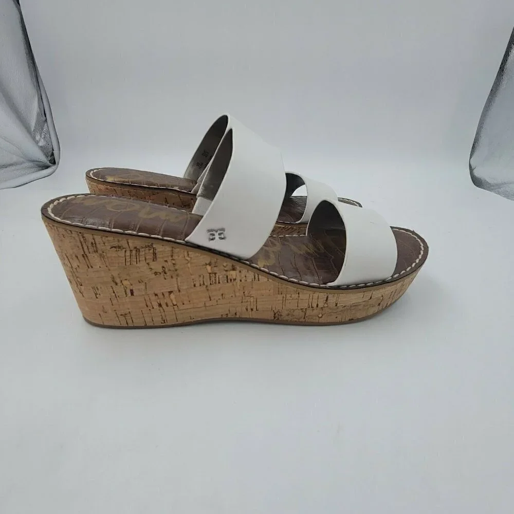 Sam Edelman Rydell Cork-Wedge Leather Open Toe Sandals in White Size 10.5M NEW